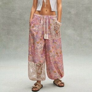 Boho lace pants Women’s Pink Floral Boho Wide-Leg jogger style Pants